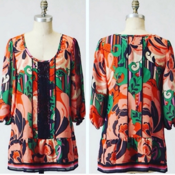 Anthropologie Odille 100% Silk Boho Floral Peplum Tunic Longsleeve sz 8 - Picture 2 of 8